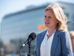 Alberta NDP leader Rachel Notley speaks at a press conference outside Foothills Medical Center in Calgary on May 2.
