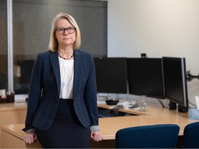 Laurie Weston, president and CEO of Sound QI, poses for a photo in her company's newly renovated office in Calgary on Wednesday, May 3, 2023. Sound QI moved to Eau Claire Place II, only to find they would need to move out by the end of the year.