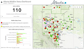 A partial view of Alberta’s wildfire dashboard as of 8 p.m. Saturday, May 6, 2023, shows 110 active wildfires, 37 of which were classified as out of control.
