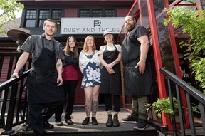 From Left; head chef Cody Fummerton; owner Kathleen Davidson;  server Clara Castro-Zunti; saucier Jenna Collins; and sous chef Kurtis Anderson at Ruby and The Beast.
