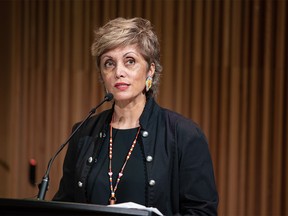 Mayor Jyoti Gondek speaks at the Indian Residential School memorial report to the community and endorsement ceremony at the Calgary Central Library on Wednesday, May 31, 2023.