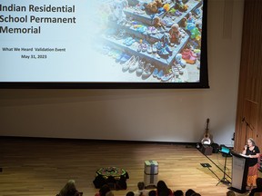 Indigenous Relations Consultant Sherri Kellock speaks during the Indian Residential School Memorial Report to the Community and Endorsement Ceremony at Calgary Central Library on Wednesday, May 31, 2023.