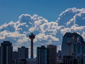 Calgary's downtown skyline with thunder clouds