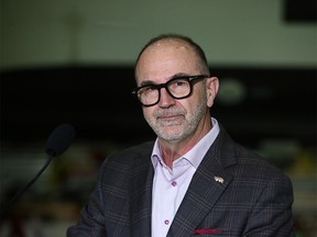 Bob Sartor, president and CEO of Calgary International Airport, speaks at Flair Airlines company’s base in Calgary on Tuesday, May 2, 2023.