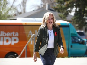 Alberta NDP Leader Rachel Notley arrives at an election campaign event in Calgary on May 5.