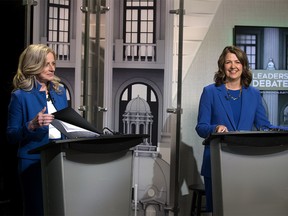 Alberta NDP Leader Rachel Notley and UCP Leader Danielle Smith prepare for their debate at CTV Edmonton on Thursday, May 18, 2023.