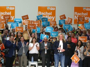 NDP leader Rachel Notley joins other NDP candidates and supporters at Acadia Recreation Centre in Calgary on Monday, May 22, 2023.