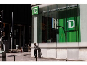 A Toronto-Dominion (TD) bank branch in Toronto, Ontario, Canada, on Wednesday, March 15, 2023. First Horizon Corp. fell by the most since September 2008 as the crisis in regional banks cast doubt on whether Toronto-Dominion Bank will follow through with its planned $13.4 billion takeover of the lender.