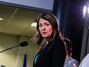 UCP leader Danielle Smith speaks during a press conference in Calgary on Thursday, May 11, 2023.