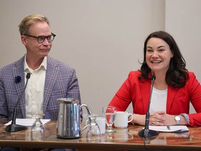 Lethbridge-West NDP candidate Shannon Phillips and former ATB Chief Economist Todd Hirsch release the Alberta NDP’s financial plan in Calgary on Tuesday, May 16, 2023.
