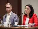 Lethbridge-West NDP candidate Shannon Phillips and former ATB Chief Economist Todd Hirsch launch the Alberta NDP's financial plan in Calgary on Tuesday, May 16, 2023.