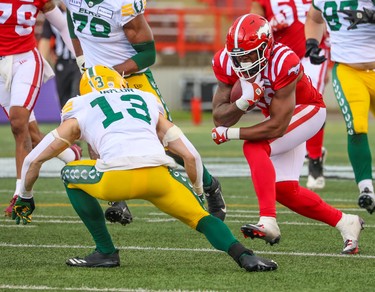 Calgary Stampeders running back Dedrick Mills carries the ball during preseason CFL action against the Edmonton Elks at McMahon Stadium in Calgary on Monday, May 22, 2023. Calgary won the game 29-24.
Gavin Young/Postmedia