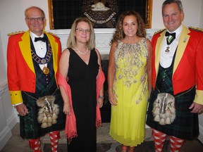 Pictured, from left, at the 73rd Grand Highland Military Ball are, Hon. Col. Lauchlan Currie, co-chair and director of ARC Financial, and his wife Karen; with Sharon Parker and her husband, Hon. Lt.-Col. Brian Parker, president and CEO, Acumen Capital Markets. The glorious gala celebrated the coronation of King Charles III. Bill Brooks photo
