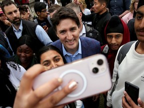 Prime Minister Justin Trudeau meets with high school students at The Forks in Winnipeg, on May 24, 2023.
