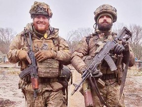 Canadian volunteers Cole Zelenco of St. Catharines, Ont. (R) and  Calgary native Kyle Porter, were killed by a Russian artillery strike at Bakhmut, Ukraine on April 26. Porter's body was recovered by comrades on Tuesday. Photo modified by Ukraine International Legion