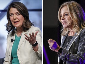 This compilation photo shows Premier Danielle Smith (left) as she speaks at an economic forum in Calgary, Alta., Tuesday, April 18, 2023, and NDP Opposition Leader Rachel Notley as she addresses the Calgary Chamber of Commerce on Thursday, Dec. 15, 2022.