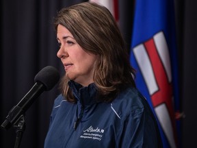 United Conservative Leader Danielle Smith gives an update on the wildfire situation in Alberta on Monday May 8, 2023. Smith said it's time to depoliticize LGBTQ rights on the same day her party came under fire for a candidate's comments on transgender children.