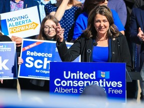 Alberta Premier Danielle Smith speaks at a UCP campaign launch event in Calgary on Saturday, April 29, 2023.