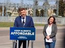 Fort McMurray-Lac La Biche UCP candidate Brian Jean, left, and Calgary-Shaw UCP candidate Rebecca Schulz hold a Calgary news conference where they questioned NDP energy policy on Wednesday, May 3, 2023.
