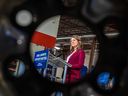 UCP leader Danielle Smith makes a campaign announcement at Braeside Automotive in Calgary on May 4.