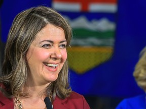 UCP leader Danielle Smith makes a campaign announcement at Braeside Automotive in Calgary on Thursday, May 4, 2023.