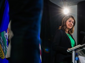 UCP leader Danielle Smith speaks during a press conference in Calgary on Thursday, May 11.