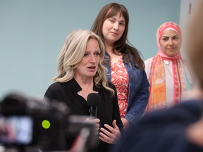 NDP leader Rachel Notley announces her party's plan to attract more frontline healthcare workers to the province during a campaign stop in Calgary on Saturday, May 13, 2023. 
Gavin Young/Postmedia