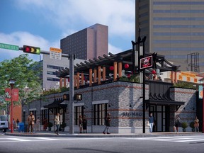 This Certus project (Harbour City) in Calgary's Chinatown will feature a striking grey/black brick-patterned facade that has been extended for additional height, and a new rooftop patio designed in an Oriental style.