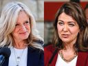 NDP Leader Rachel Notley and United Conservative Party Leader Danielle Smith are shown on the Alberta election campaign trail in this recent photo combination.