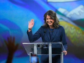 Danielle Smith speaks after the election results at the Big Four Building in Calgary on Monday, May 29, 2023.