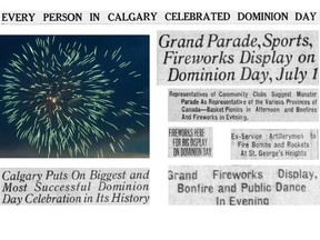 Fireworks have been featured in July 1 celebrations in Calgary for a century; Calgary Herald file photo and 1924 Herald headlines.