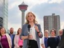 NDP Leader Rachel Notley makes a campaign announcement Thursday at High Park in downtown Calgary.
