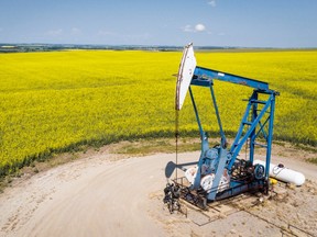 A pumpjack draws oil from the ground surrounded by a canola field near Cremona, Alta., Monday, July 12, 2021.