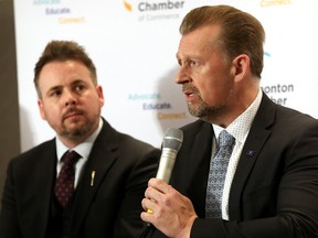 Minister of Mental Health and Addiction Nicholas Milliken, left, and Minister of Public Safety and Emergency Services Mike Ellis are shown here in an April 19, 2023 file photo in Edmonton. Both UCP candidates spoke on Saturday about plans to boost funding for youth and adult mental health care, if elected.