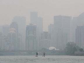 Smoke from wildfires obscures downtown Calgary on July 19, 2021.