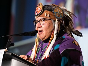 Assembly of First Nations National Chief RoseAnne Archibald speaks during her closing address at the Assembly of First Nations Special Chiefs Assembly in Ottawa, Thursday, Dec. 8, 2022. Archibald says the Pope's willingness to return Indigenous artifacts stored at the Vatican Museum suggests the items will make their way home.