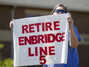 In this July 6, 2017, file photo, Lauren Sargent takes part in a protest before the Enbridge Line 5 pipeline public information session in Holt, Mich. The controversial Canada-U.S. oil and gas conduit could be facing its toughest challenger yet: rapid erosion in the very watershed the pipeline's detractors are trying to protect.