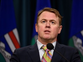 Former Alberta UCP cabinet minister Tyler Shandro speaks at a press conference in McDougall Centre on Monday, February 7, 2022.