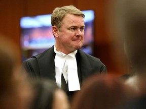 Alberta Justice Minister Tyler Shandro takes part in the swearing-in of Ritu Khullar as chief justice of Alberta at the Court of Kings Bench in Edmonton on Feb. 23, 2023. A law society of Alberta hearing tribunal related to Shandro's time as health minister resumed June 12, 2023.