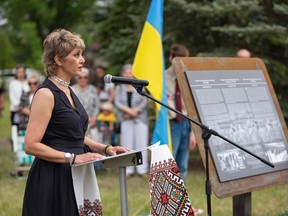 Mayor Jyoti Gondek speaks at the unveiling event of the commemorative panel marking Canada's First World War internment operations of 1914 to 1920 at Ukrainian Pioneers Park in Calgary on Saturday, June 10, 2023.