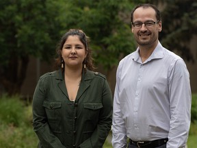 Nikki Ballantyne, a recent MRU graduate, left, and Tori McMillan, intern director at Iniskim Centre, were photographed at the Centennial courtyard on MRU campus on Wednesday, June 14, 2023.