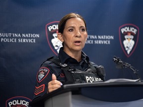 Sergeant Nancy Farmer of the Tsuut’ina Nation Police speaks with the media on Wednesday, June 14, 2023.