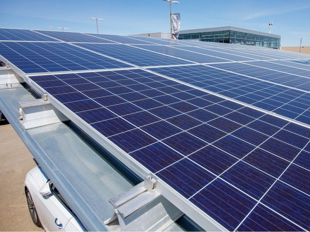 Solar panels cover the vehicle shelters at Royal Oak Audi in Calgary, Alberta, on Monday July 29, 2019.