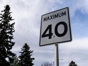 A 40 km/h speed limit sign was photographed in 12 Avenue N.W. on Friday, September 25, 2020. It's been two years since the city lowered the residential speed limit to 40 km/h, and data shows it is having an affect on drivers.