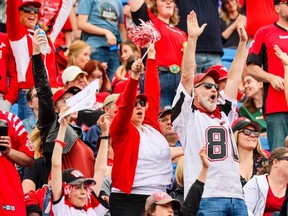 Calgary Stampeders fans cheer during the preseason game between the Calgary Stampeders and Edmonton Elks at McMahon Stadium in Calgary on Monday, May 22, 2023.
