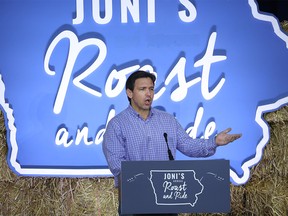 FILE PHOTO: Republican presidential candidate Florida Gov. Ron DeSantis speaks to guests during the Joni Ernst's Roast and Ride event on June 3, 2023 in Des Moines, Iowa.