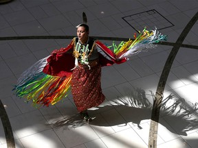 Jalen Wells from Blackfeet Cree performs the women's fancy in centre court at the opening ceremony on Friday, June 23, 2023 at Southcentre in Calgary for Indigenous History Month Artisan Market, which will be held for its third year at Southcentre Mall this week, on June 23 and 24.