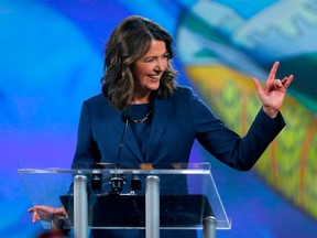 UCP Leader Danielle Smith speaks after her election win, in Calgary on Monday.