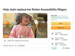 A fundraiser aims to replace an accessibility wagon for Jalzn Lee, 3, which was stolen the garage of her family's southwest Calgary home.