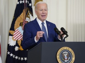 President Joe Biden speaks during an event in the East Room of the White House, Monday, June 26, 2023, in Washington. A new survey suggests Canadians still have a more positive view of the United States than they did three years ago -- but that their faith is slipping.